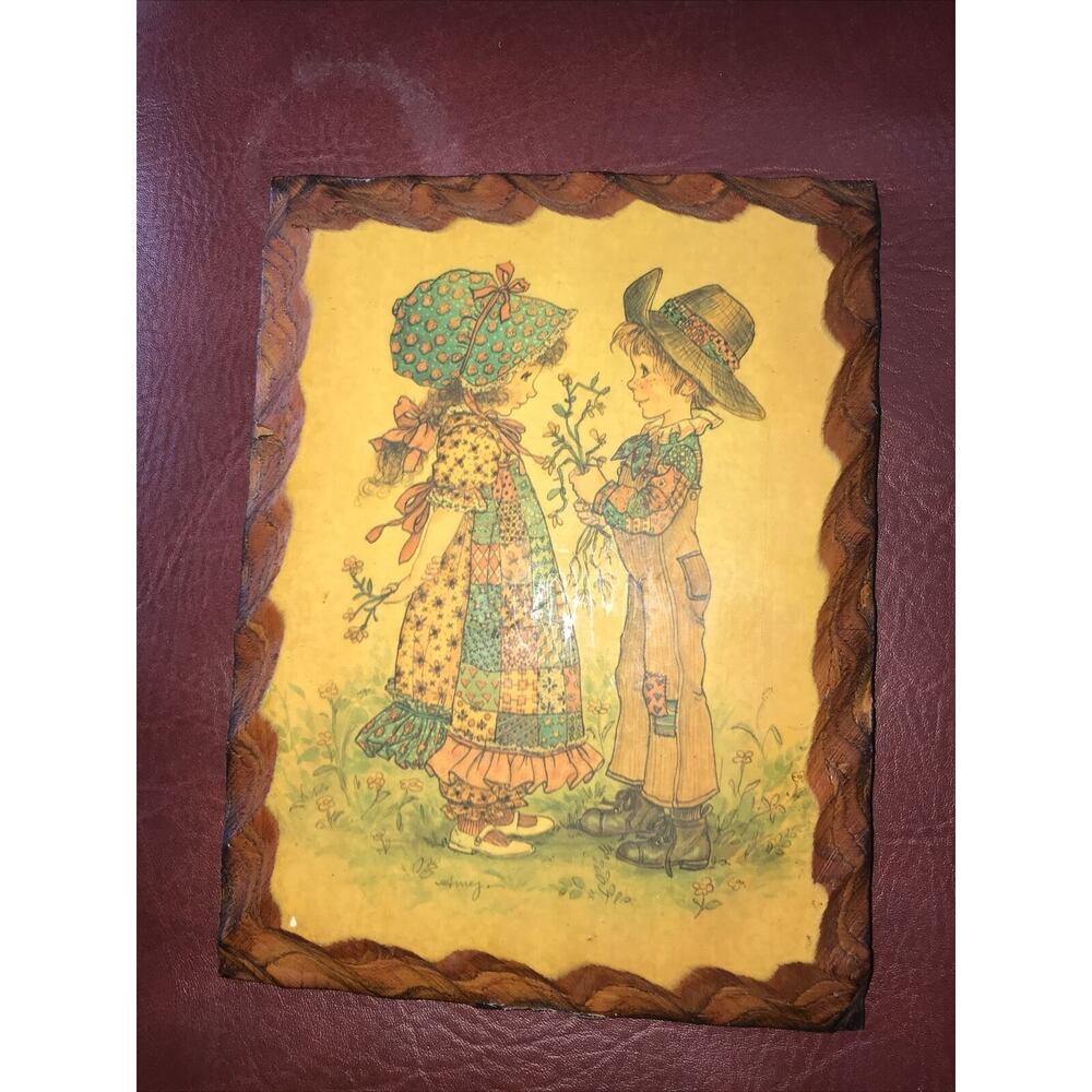 Patchwork‎ Bonnet Little Girl and Boy Print On Wood By Amy 6 1/2x8 1/2”